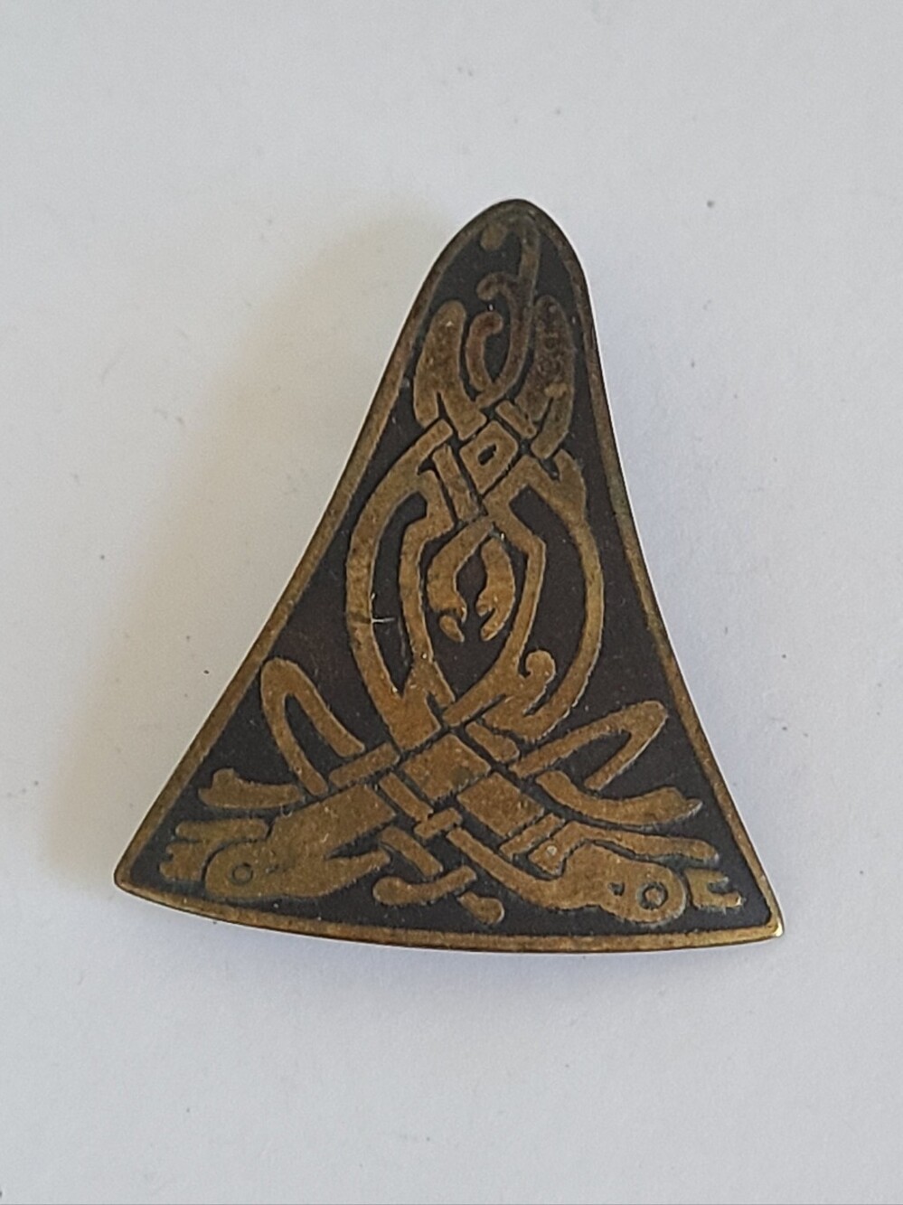 Vintage Brass Enamel Celtic Scottish Irish Knot Design Triangular Brooch Pin